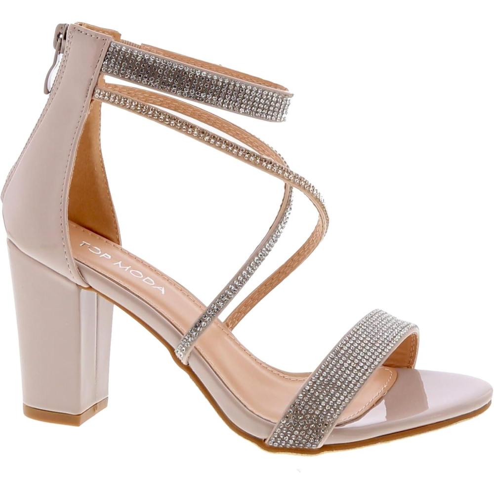 image:imageTOP Moda Rosa66 Ankle Strap Dressy High Heel Sandal Nonslip Sole For Wedding Party Prom Evening Wear or Any Occasion Sleek Style Block Heel SandalsNude Patent