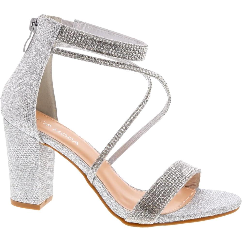 image:imageTOP Moda Rosa66 Ankle Strap Dressy High Heel Sandal Nonslip Sole For Wedding Party Prom Evening Wear or Any Occasion Sleek Style Block Heel SandalsSilver Glitter