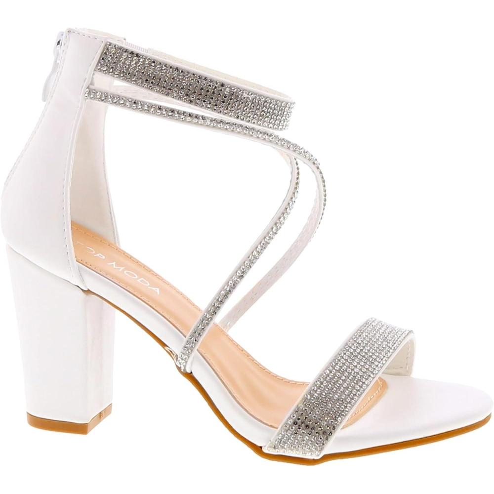 image:imageTOP Moda Rosa66 Ankle Strap Dressy High Heel Sandal Nonslip Sole For Wedding Party Prom Evening Wear or Any Occasion Sleek Style Block Heel SandalsWhite Pu