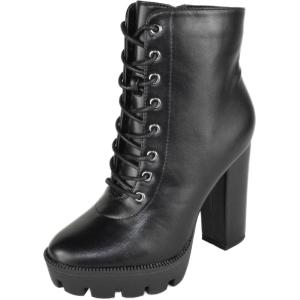 image:imageTOP Moda Women High Heel Combat Army Style Boots Lace Up Side Zipper Lug Platform Sole BootiesBlack Pu