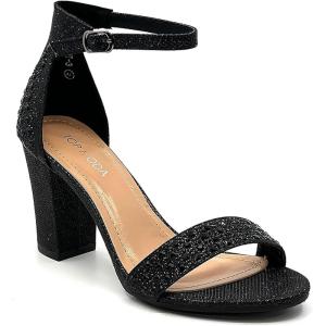 image:imageTOP Moda Women Rhinestone Glitter Ankle Strap Chunky Heel SandalsBlack Glitter