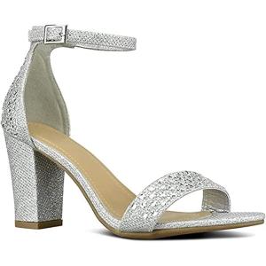 image:imageTOP Moda Women Rhinestone Glitter Ankle Strap Chunky Heel SandalsSilver Glitter