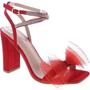 image:imageTOP Moda Womens Formal Rhinestone High Heel Sandal Ankle Strap With Bow BlackRed Satin