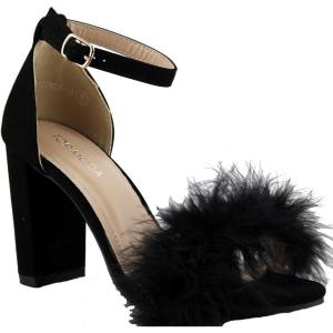 image:imageTOP Moda K 30 Womens Feather Fur Chunky Heel Sandals Nubuck Black 10