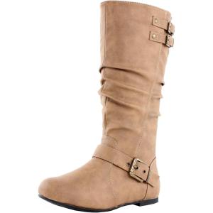 image:imageTOP Moda Night76 Womens Mid Calf Round Toe Buckle Slouched Flat BootsTaupe