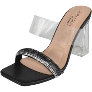 image:imageTOP Moda Shoes Women Clear Block Mule High Heels SquareToe Sandals Strap Bling Rhinestone VENICE1Black