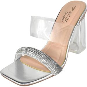 image:imageTOP Moda Shoes Women Clear Block Mule High Heels SquareToe Sandals Strap Bling Rhinestone VENICE1Silver