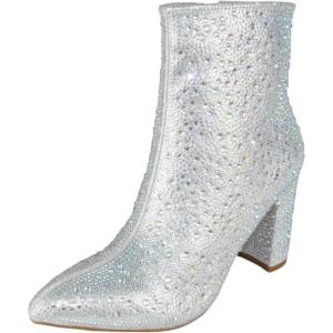 image:imageTOP Moda Women Ankle Boots Block High Heels Rhinestone Bling Glitter Short Booties Side Zipper PointedToe Brazil8Silver