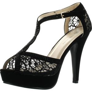image:imageTOP Moda Womens Hy5 Formal Evening Party Lace Ankle TStrap Peep Toe Stiletto High Heel PumpsBlack1