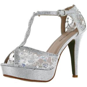 image:imageTOP Moda Womens Hy5 Formal Evening Party Lace Ankle TStrap Peep Toe Stiletto High Heel PumpsSilver1