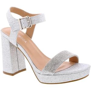 image:imageTOP Moda Womens Open Toe Chunky High Heel Ankle Strap Rhinestone Platform SandalsSilver Rhinestone