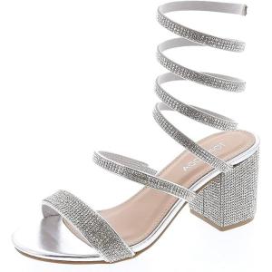 image:imageTOP Moda Womens Rhinestone Strappy Spiral Ankle Strap Low Chunky Block Heel SandalsSilver Rhinestone