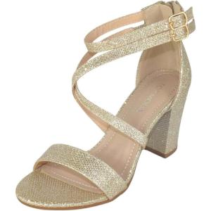 image:imageTOP Moda Shoes Women Chunky Block High Heels Open Toe CrissCross Double Ankle Strap Back Zipper Beth8Champagne Glitter