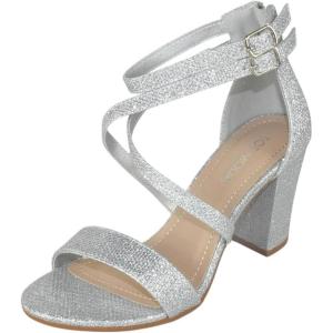 image:imageTOP Moda Shoes Women Chunky Block High Heels Open Toe CrissCross Double Ankle Strap Back Zipper Beth8Silver Glitter
