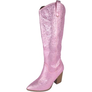 image:imageTOP Moda Women Knee High Boots Block High Heels Rhinestone Bling Glitter Side Zipper PointedToe IMOGEN38Pink