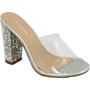 image:imageWomens Clear Slip On Rhinestone Sandals Chunky Block Heel Open Toe MulesSilver
