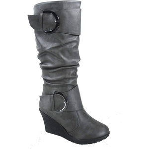 image:imageTOP Moda Pure65 Womens Fashion Round Toe Slouch Buckle Wedge Mid Calf Boot ShoesGrey