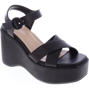 image:imageWomen Square Toe Wedge Sandal with Adjustable Ankle StrapBlack Pu