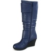 image:imageTOP Moda Pure65 Womens Fashion Round Toe Slouch Buckle Wedge Mid Calf Boot Shoes  Wedge bootsNavy Blue