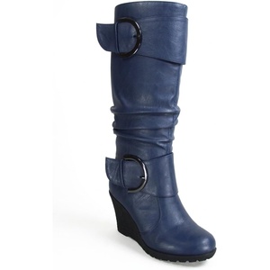 image:imageTOP Moda Pure65 Womens Fashion Round Toe Slouch Buckle Wedge Mid Calf Boot Shoes  Wedge bootsNavy Blue