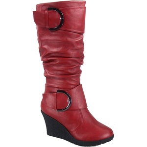 image:imageTOP Moda Pure65 Womens Fashion Round Toe Slouch Buckle Wedge Mid Calf Boot Shoes  Wedge bootsRed