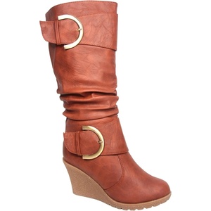 image:imageTOP Moda Pure65 Womens Fashion Round Toe Slouch Buckle Wedge Mid Calf Boot Shoes  Wedge bootsTan